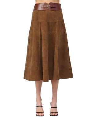 FATE BROWN HIGH A LINE FAUX SUEDE SKIRT BELT DETAIL